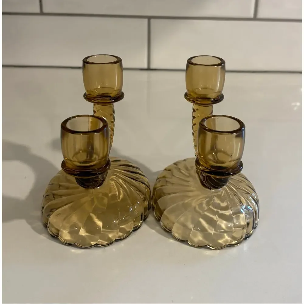 Pair of Vintage Brown Glass Candle Holders